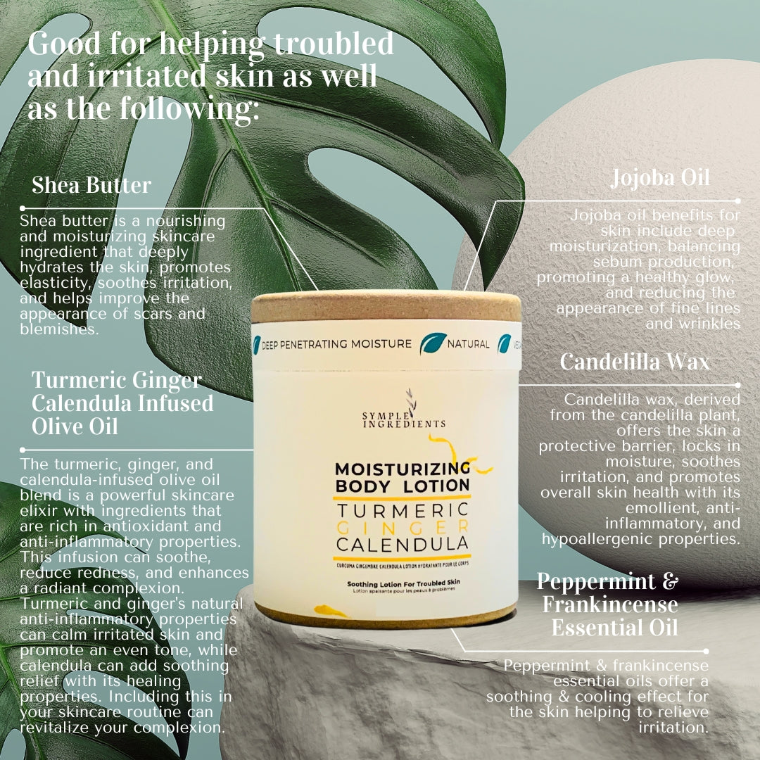 Organic body butter with calendula, ginger and turmeric.  Helps troubled skin.