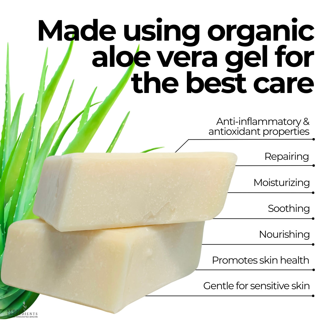 Organic aloe vera soap made using aloe vera gel for the best care.  Antti-inflammatory and antioxidant properties, promotes skin health, gentle for sensitive skin, repairing, moisturizing, soothing and nourishing.